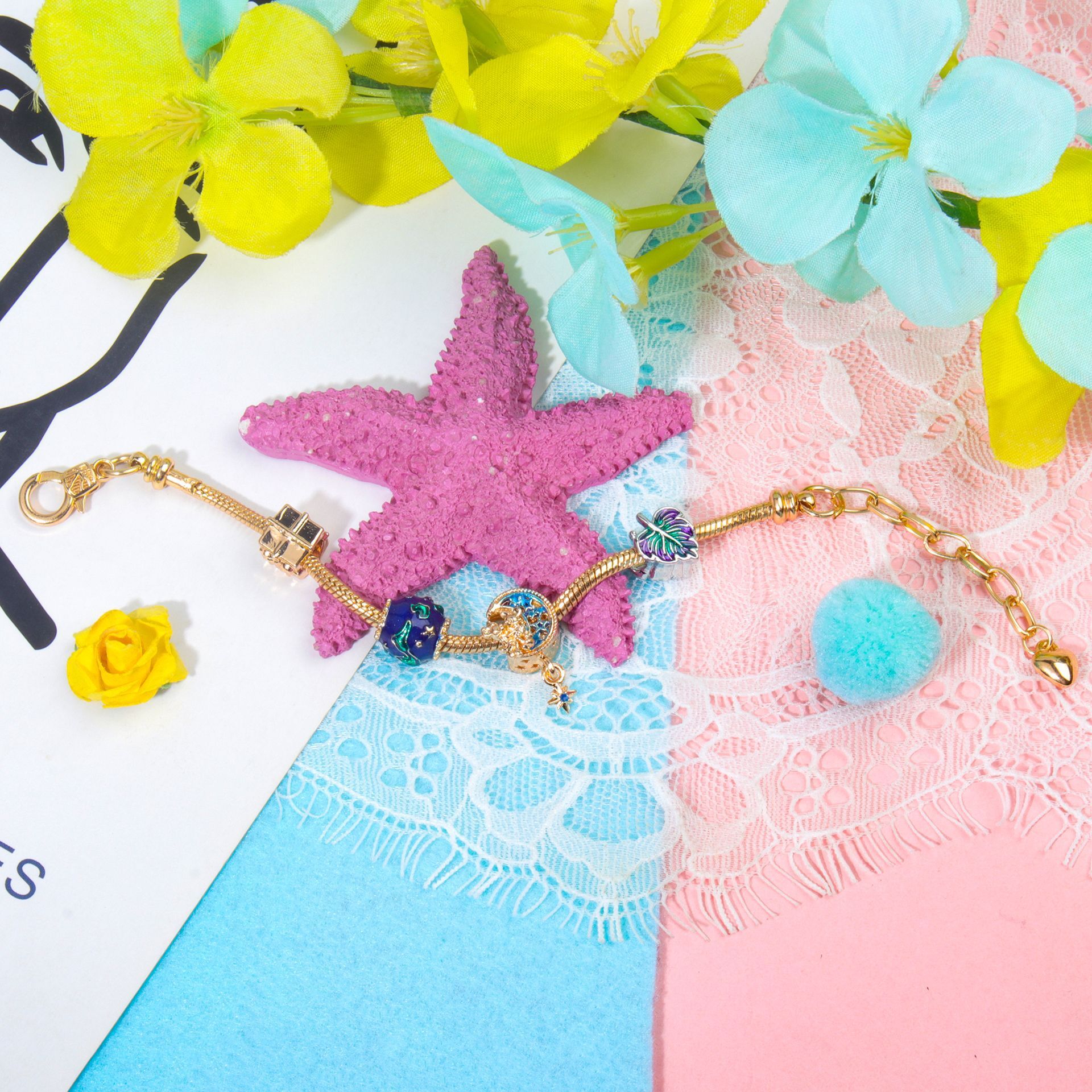 Colorful Leaf Moon Star Pendant Versatile Gold Bracelet(20cm)