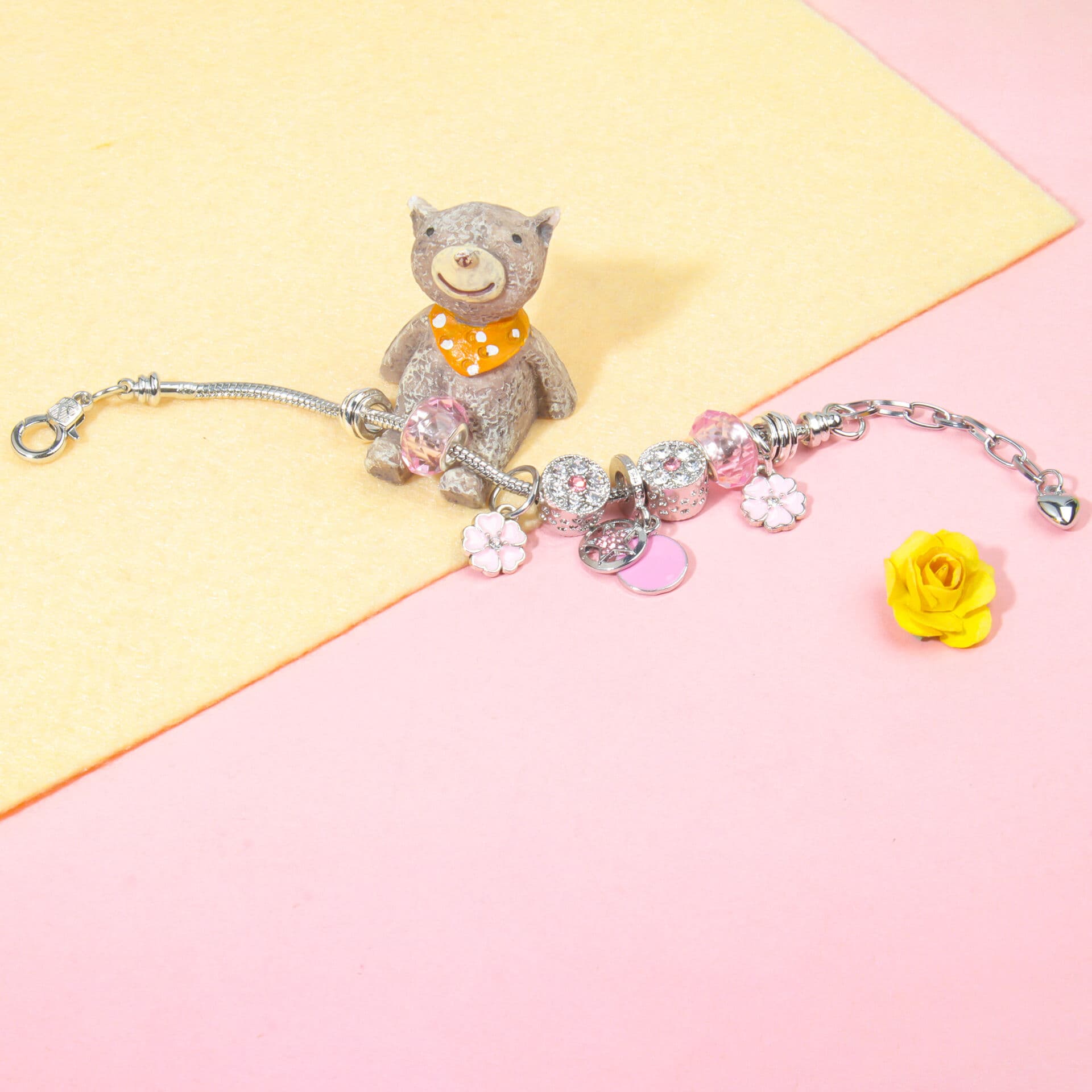 Chic Pink Crystal Beaded Bracelet with Magnolia & Star Pendant(20cm)
