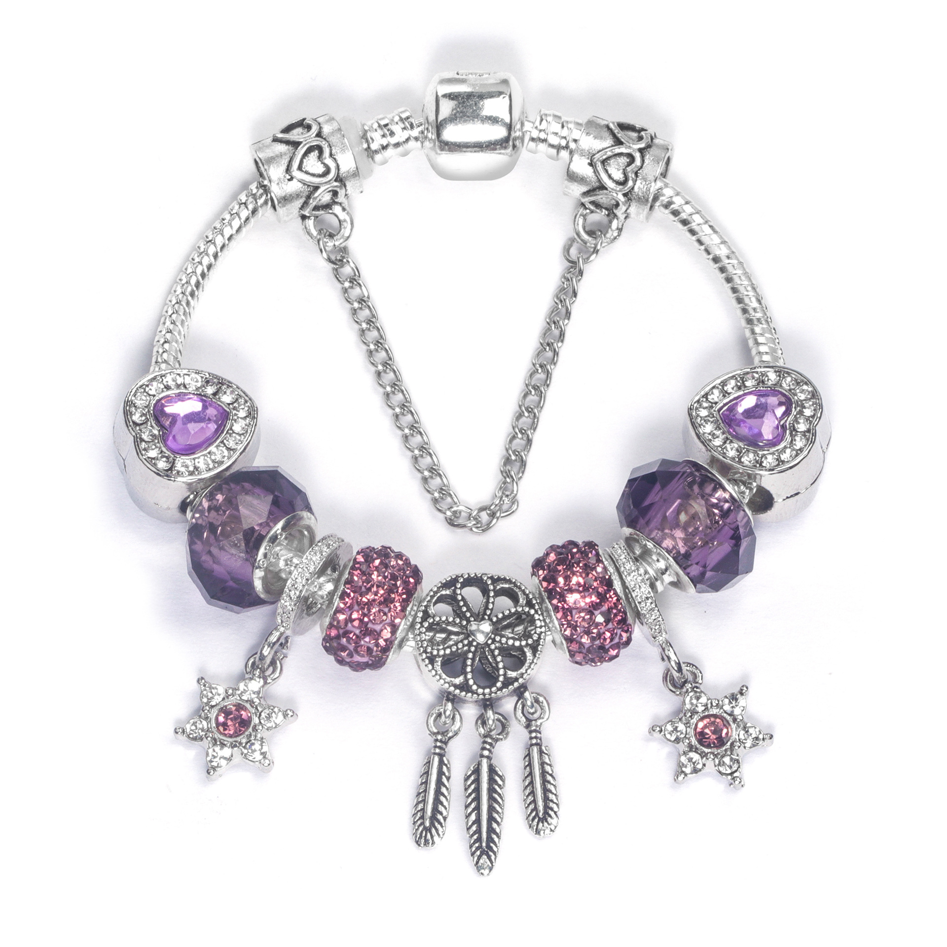 Purple Crystal Beaded Charm Bracelet with Star & Dreamcatcher Pendant, Rhinestone-Embedded DIY Alloy Bracelet(18cm)