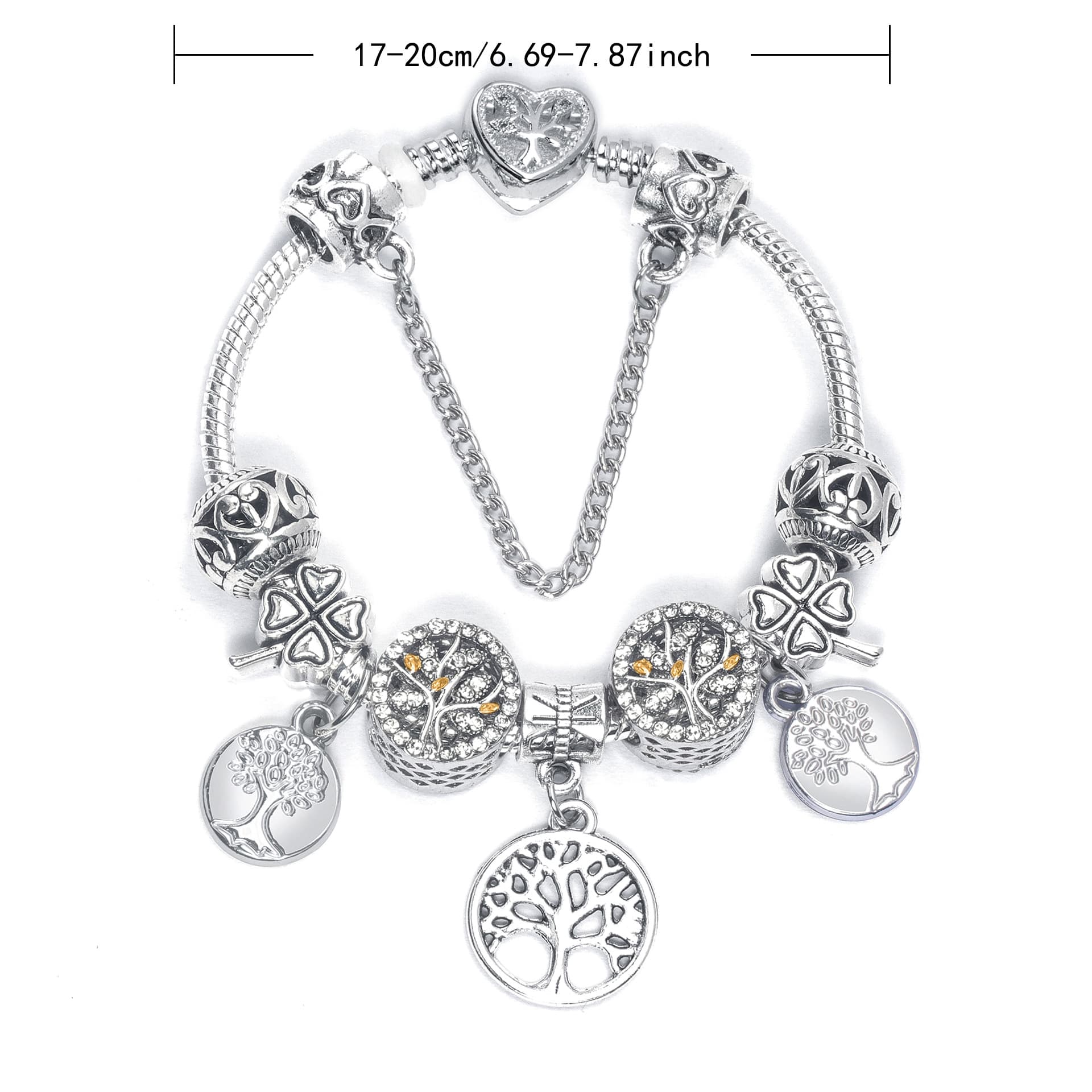 Vintage Silver Tree of Life CZ Four Leaf Clover Charm Bead DIY Bracelet 20cm Retro Style