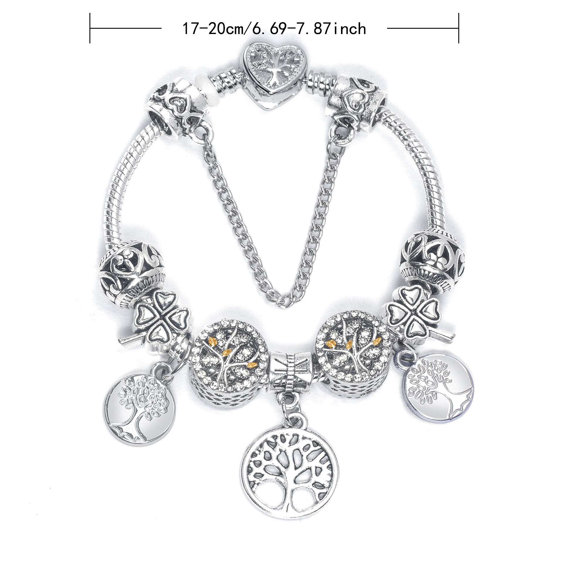 Vintage Silver Tree of Life CZ Four - Leaf Clover Charm Bead DIY Bracelet, Retro Style(20cm)