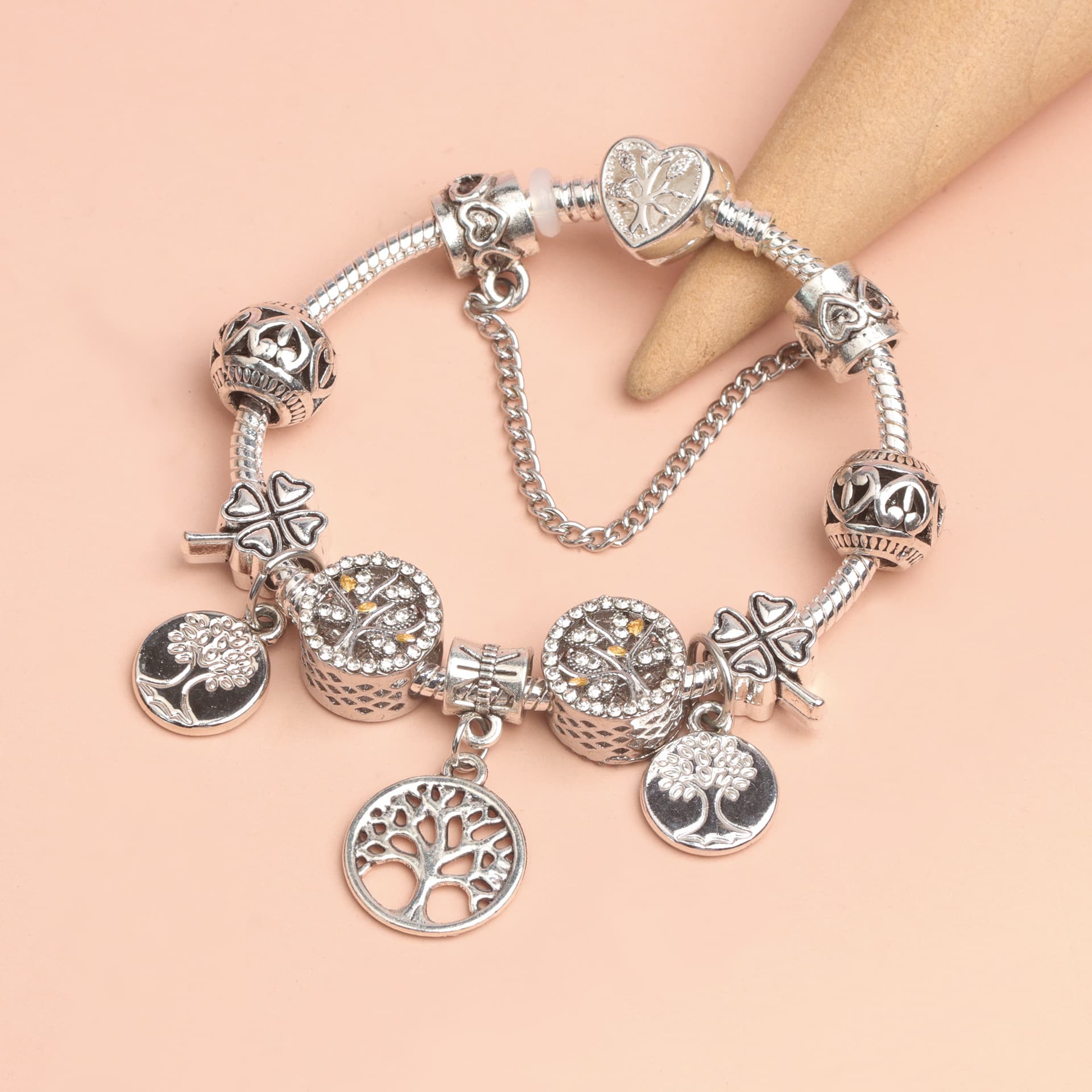 Vintage Silver Tree of Life CZ Four Leaf Clover Charm Bead DIY Bracelet 20cm Retro Style