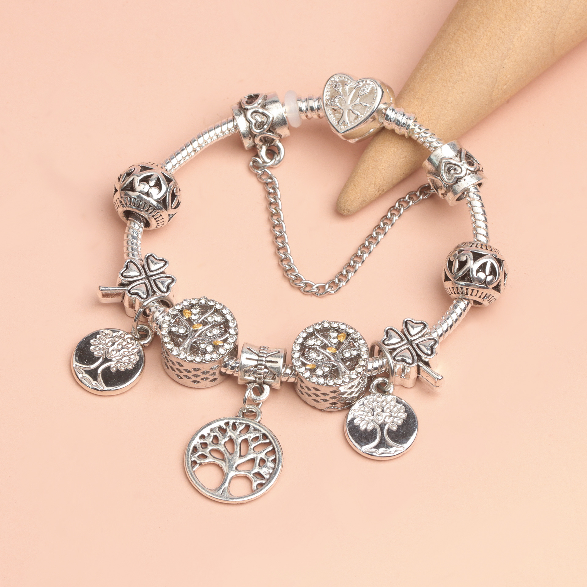 Vintage Silver Tree of Life CZ Four - Leaf Clover Charm Bead DIY Bracelet, Retro Style(20cm)