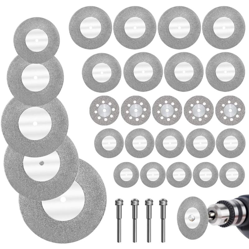 Diamond Cutting Discs 32pcs with 4 Mandrels 16-60mm for Glass Stone Wood Metal Ceramic