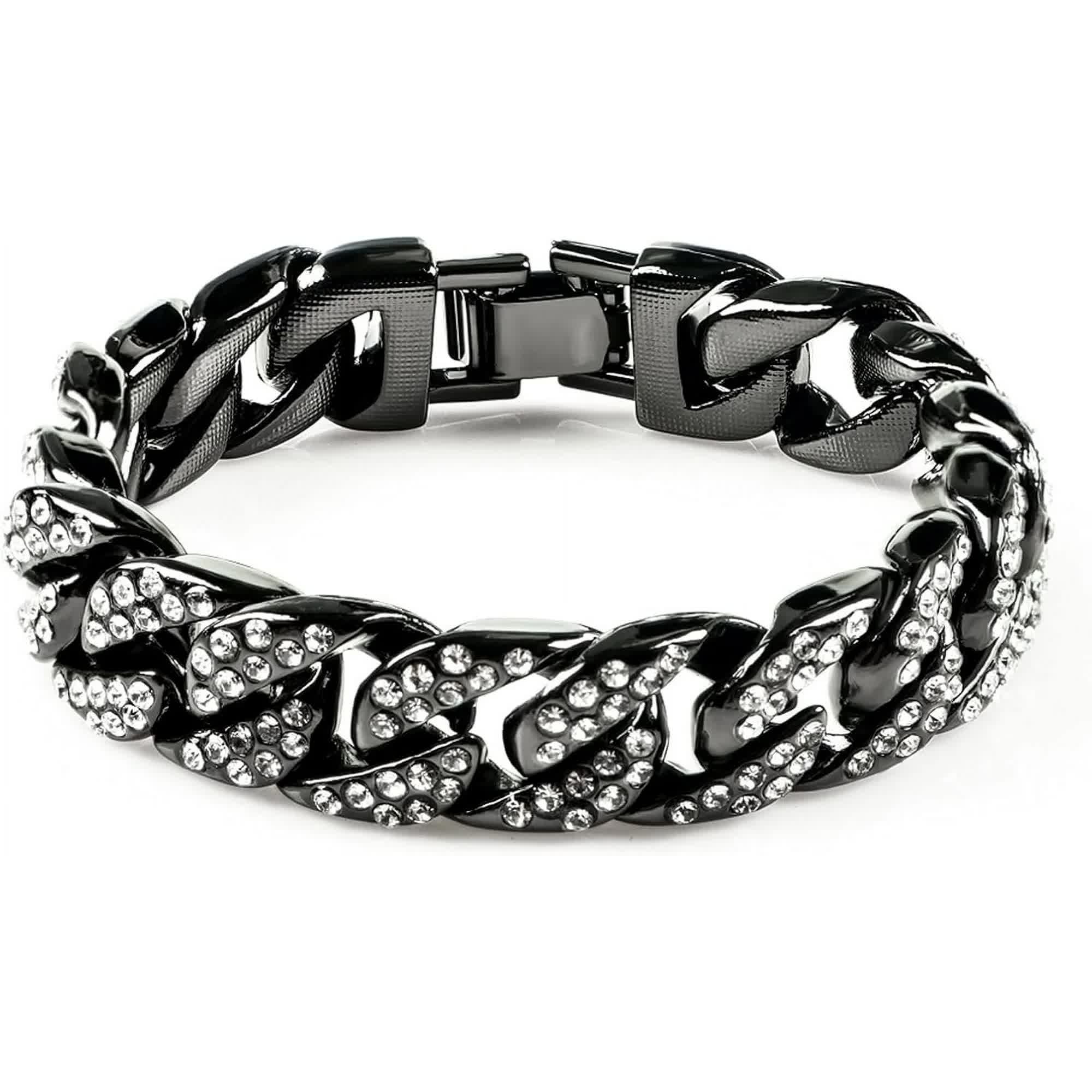 Mens Womens Cuban Link Bracelet Hip Hop Bracelet Gold Chain Bracelet Iced Out Curb Cuban 18k Gold Plated Bracelet With Clear Rhinestones (A-T-Black-8.74in)