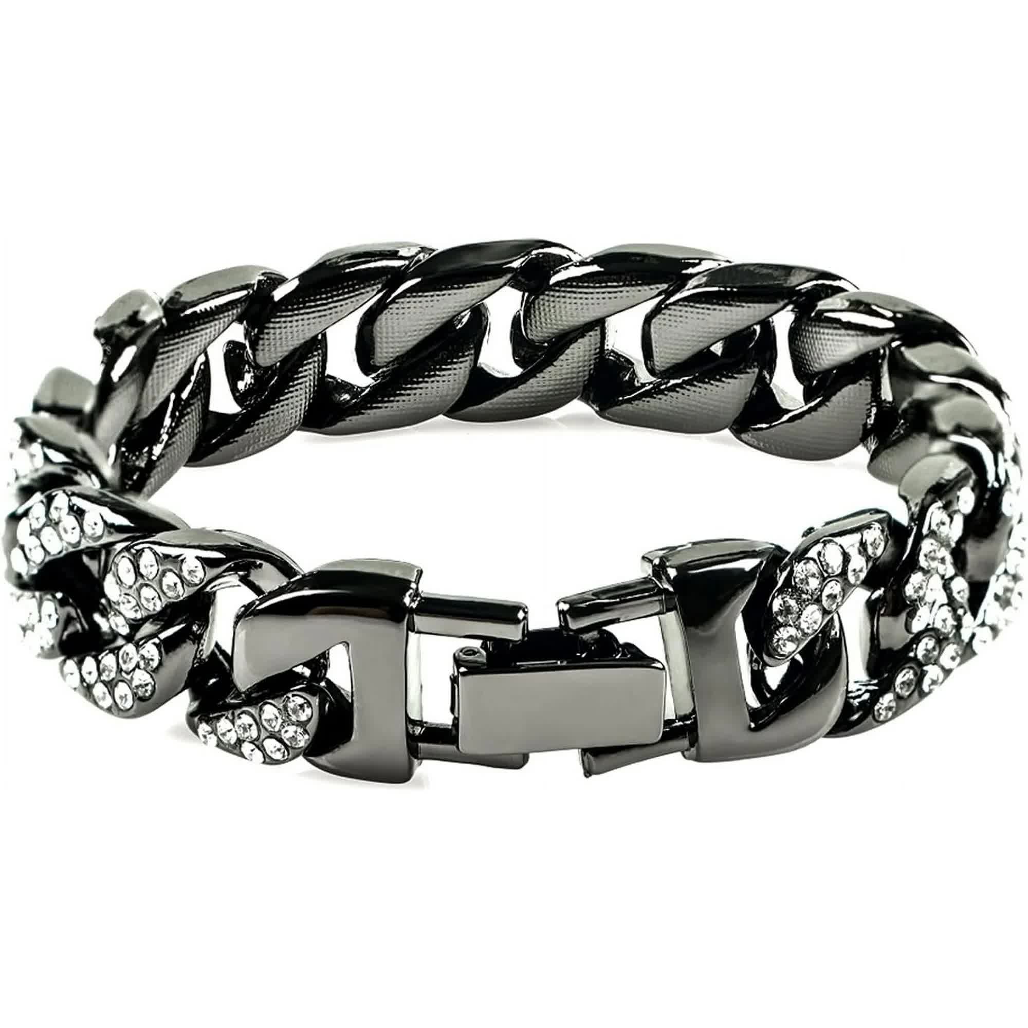 Mens Womens Cuban Link Bracelet Hip Hop Bracelet Gold Chain Bracelet Iced Out Curb Cuban 18k Gold Plated Bracelet With Clear Rhinestones (A-T-Black-8.74in)