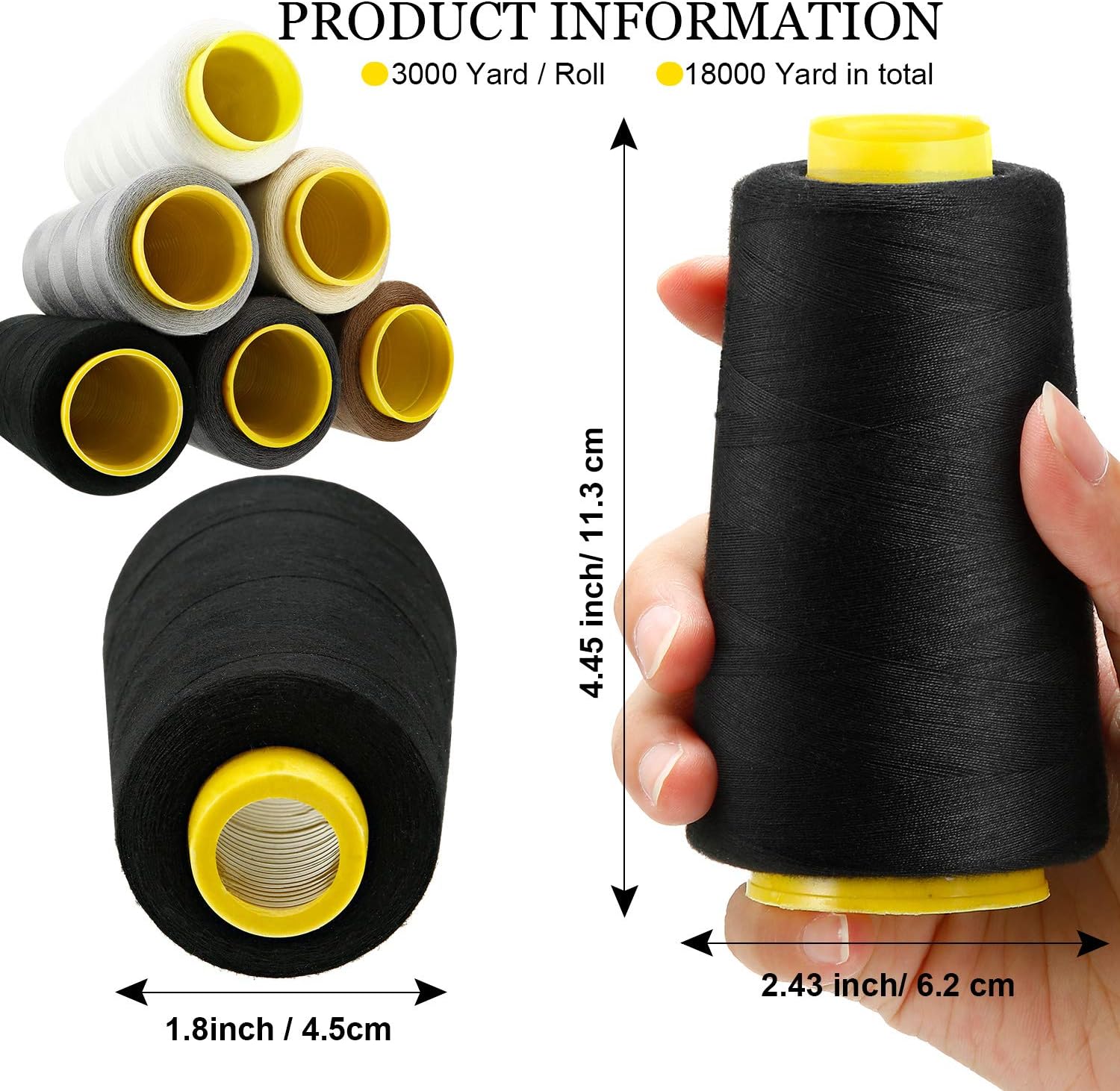 6 Rolls 3000 Yard Each Serger Thread Polyester Cones Spool Thread for Sewing Serger Overlock Quilting Sewing Machine (Black, White, Beige, Grey, Dark Grey, Coffee) Black, White, Beige, Grey,