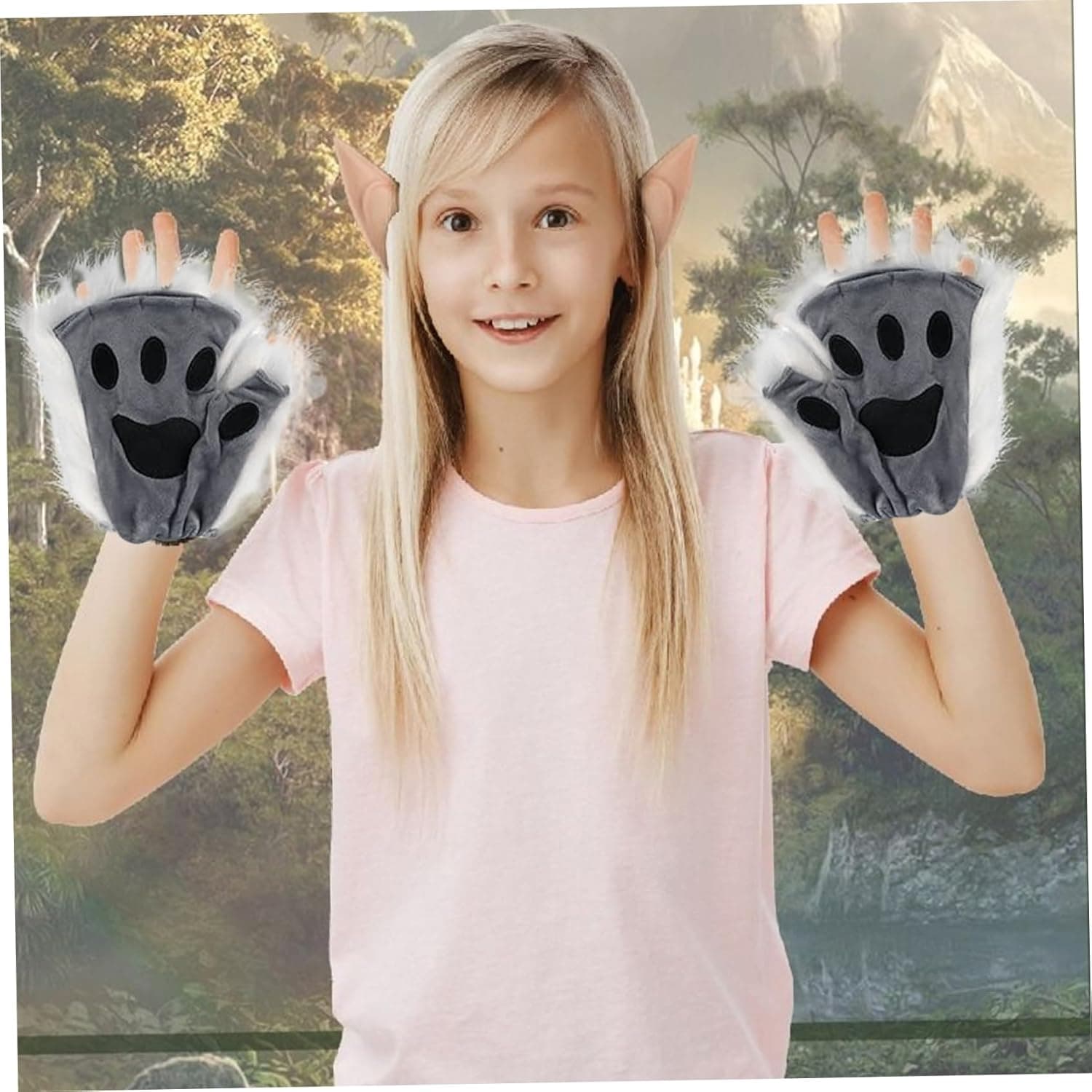 Therian Paws, Cat Paw 1 Pair Half Finger Therian Paws Cute Embroidered Fur Paws Decorative Realistic Paw Gloves for Kids Adults Cosplay Stage, Black Gray