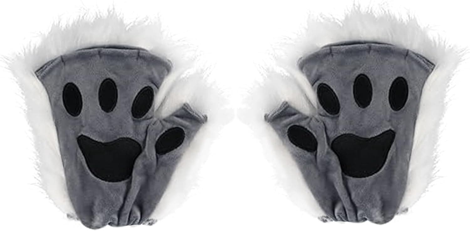 Therian Paws, Cat Paw 1 Pair Half Finger Therian Paws Cute Embroidered Fur Paws Decorative Realistic Paw Gloves for Kids Adults Cosplay Stage, Black Gray