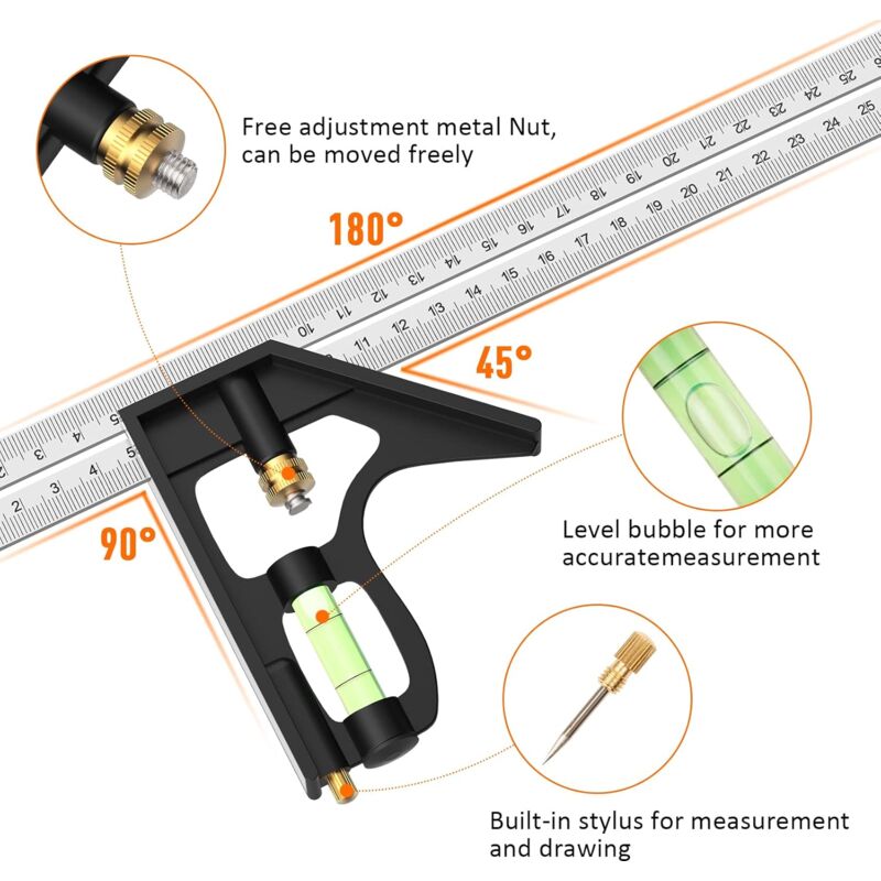 Combination Square, 12'/300Mm Stainless Steel Square Carpentry Tools, 45/90 Degree Ruler With Spirit Level.