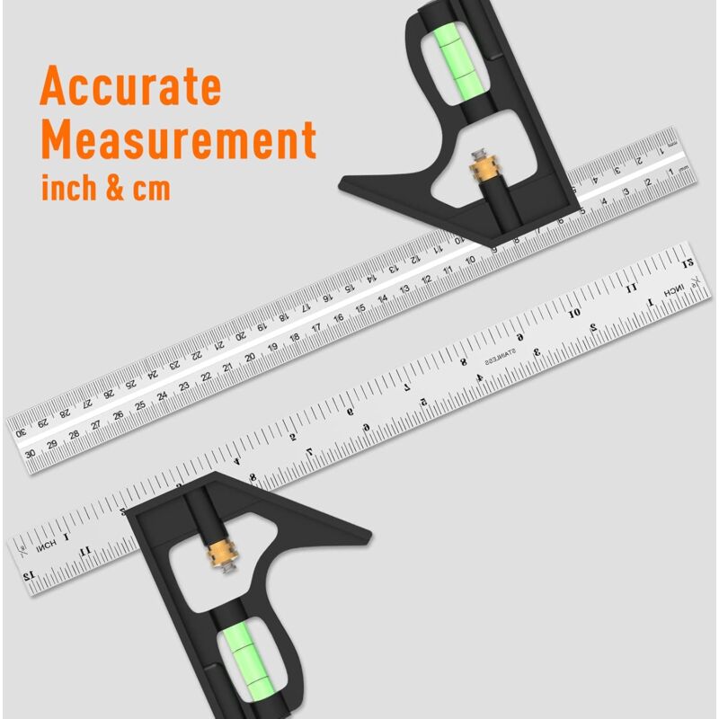 Combination Square, 12'/300Mm Stainless Steel Square Carpentry Tools, 45/90 Degree Ruler With Spirit Level.