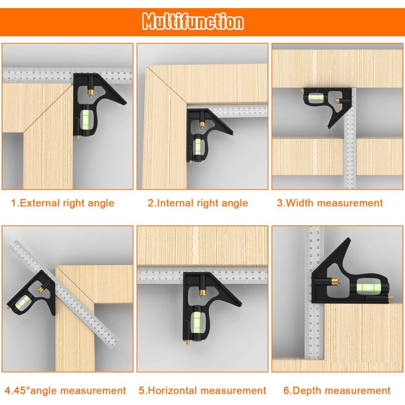 Combination Square, 12'/300Mm Stainless Steel Square Carpentry Tools, 45/90 Degree Ruler With Spirit Level.