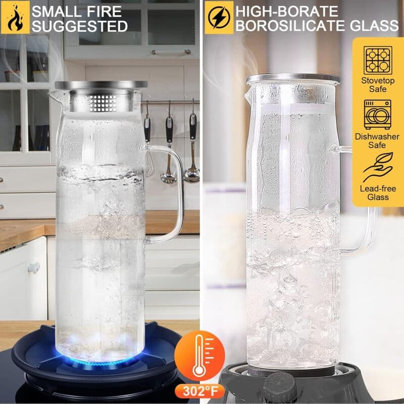 Glass Carafe Premium Borosilicate Glass Pitcher 1.5 Liters with Lid and Handle