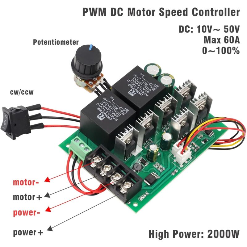Dc Motor Controller, Dc 9-50V 40A Reversible Dc Motor Speed Controller To 12V 24V 36V 48V 2000W Reversible Speed Control