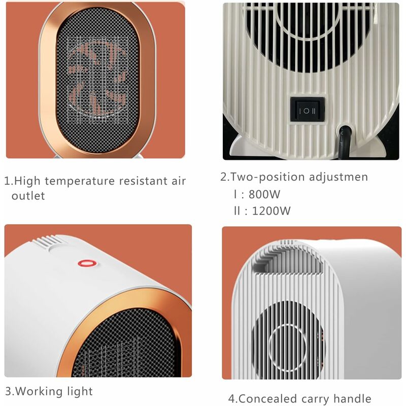 1200W ceramic PTC electric fan heater, two temperature settings, overheat protection, rapid heating, quiet operation, energy saving.