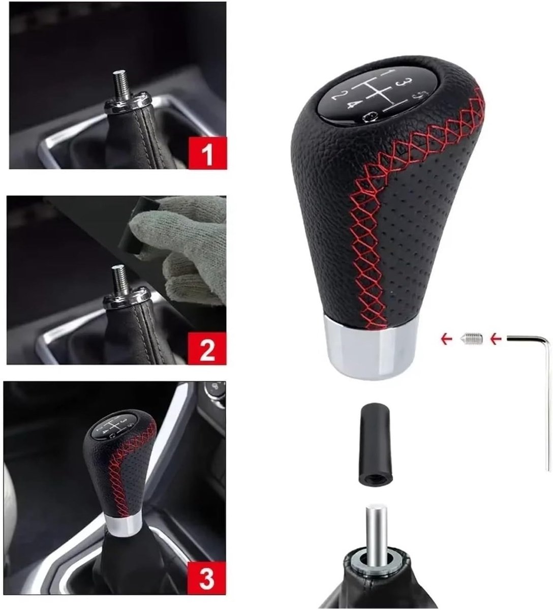 Gear shift lever - Manual gear shift lever - 5-speed transmission - Gear shift lever - Manual transmission - Black leather stitching - Universal gear shift lever (black)