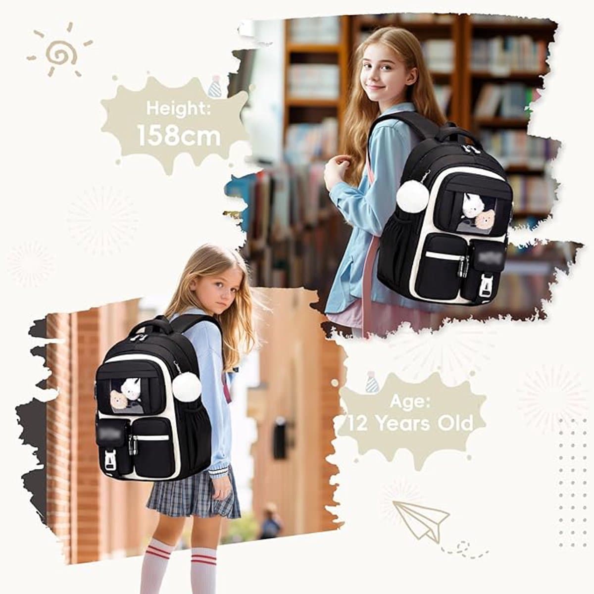 Girls' Backpack Breathable Lightweight Multi-Compartment School Bag for Grades 1-5 33 x 17 x 44 cm Various Colours