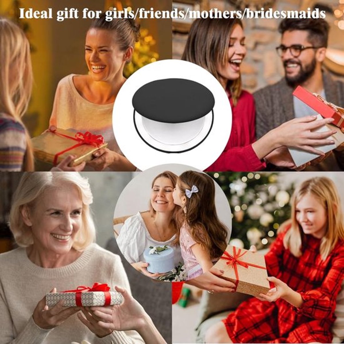 Double-sided makeup mirror with 10x magnifying LED lighting and adjustable brightness. Small, illuminated mirror with adjustable intensity, ideal for handbags. Black.