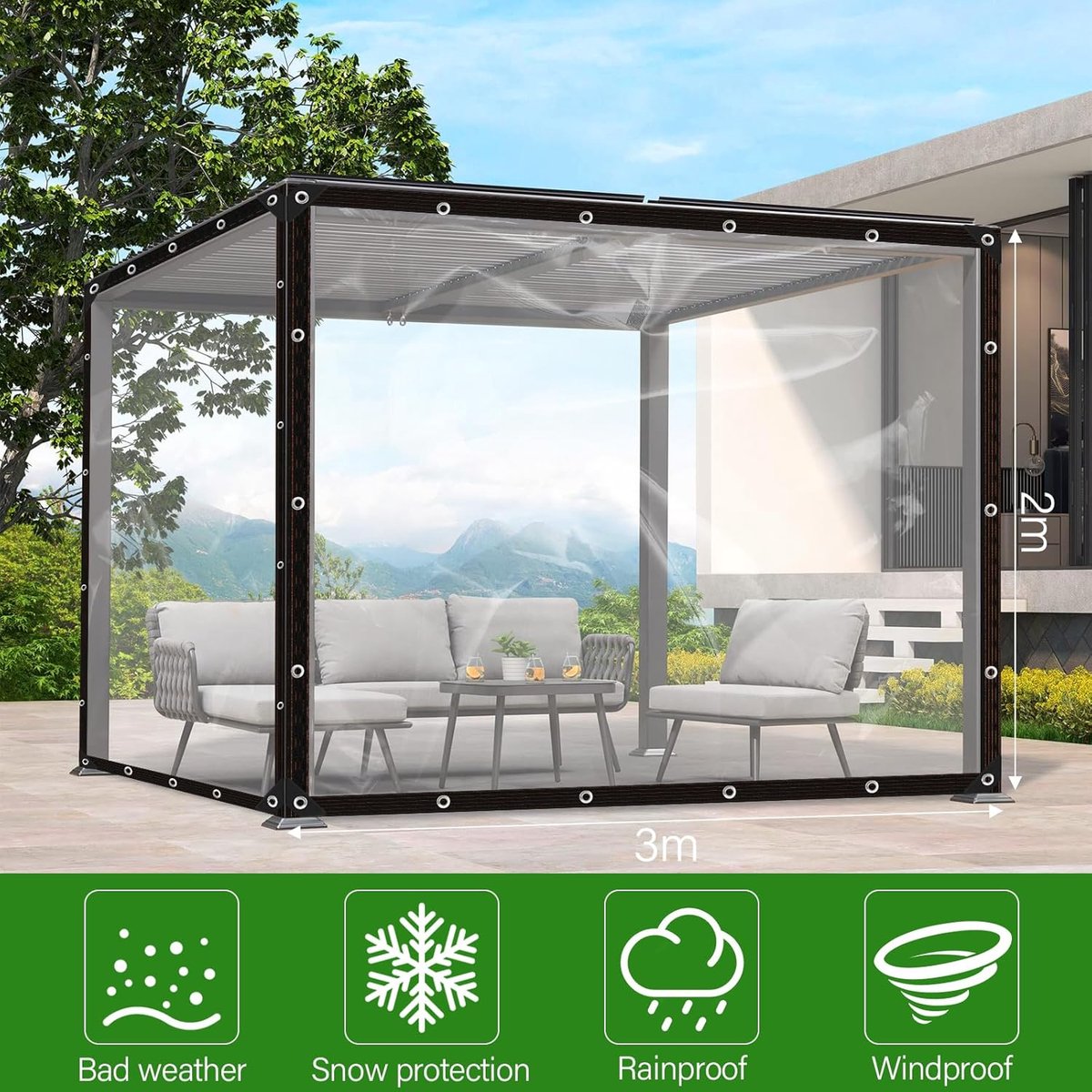 Tarpaulin - Transparent tarpaulin - Transparent tarpaulin with rings - Waterproof transparent tarpaulin - PE tarpaulin - for garden furniture - Planter - Animal shelter - Roof - Rope included - 2 x 3 m