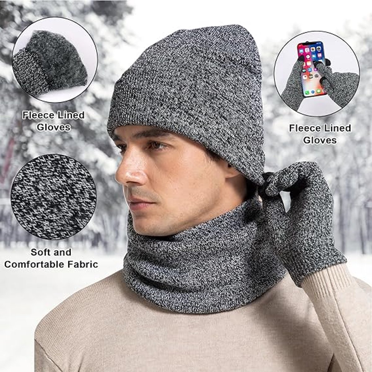 Beanie - Cotton beanie - Warm winter beanie - Scarf - Gloves - Touchscreen gloves - Ski mask - 3-in-1 beanie - Snowboard, skate, riding - Windproof and warm - Soft and comfortable - Warm fleece lining - Neck warmer