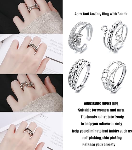 4 pcs Anti-Stress Ring with Rotating Beads, Silver, Compatible with Fidget Spinner Rings