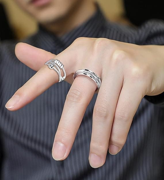 4 pcs Anti-Stress Ring with Rotating Beads, Silver, Compatible with Fidget Spinner Rings