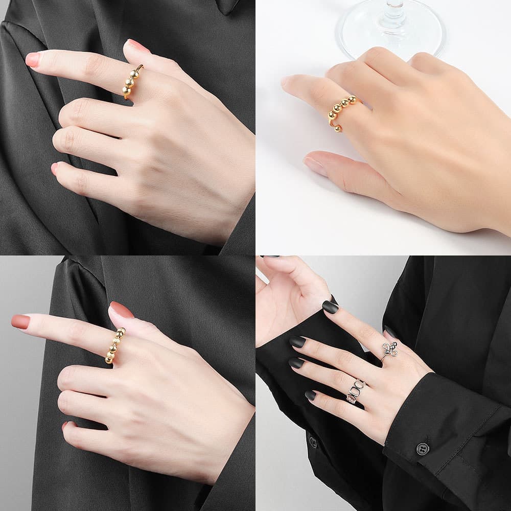 8 Piece Adjustable Antistress Fidget Ring Set with Rotating Beads Gold
