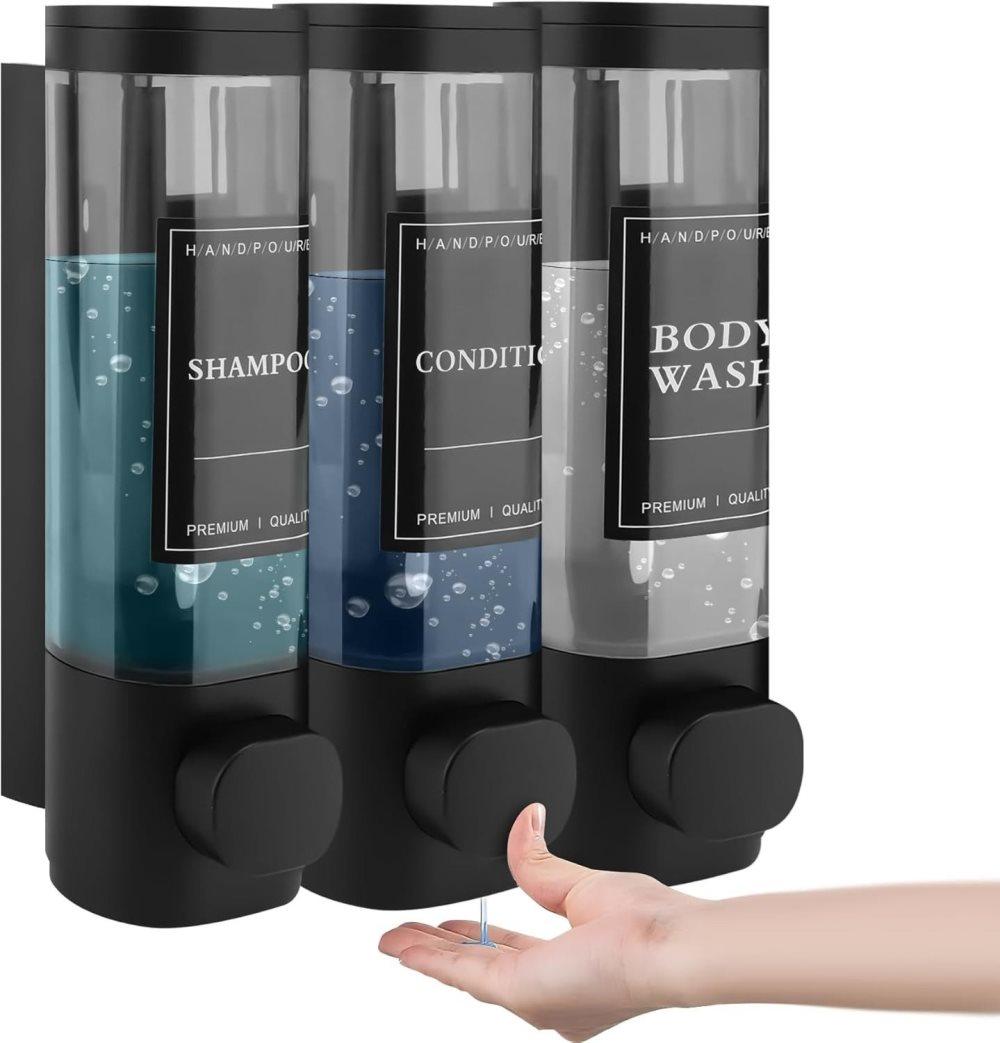 3-Pack Wall Mounted Soap Dispenser for Shampoo & Soap, 300ml x3, 3-Compartment Shower Dispenser, Black