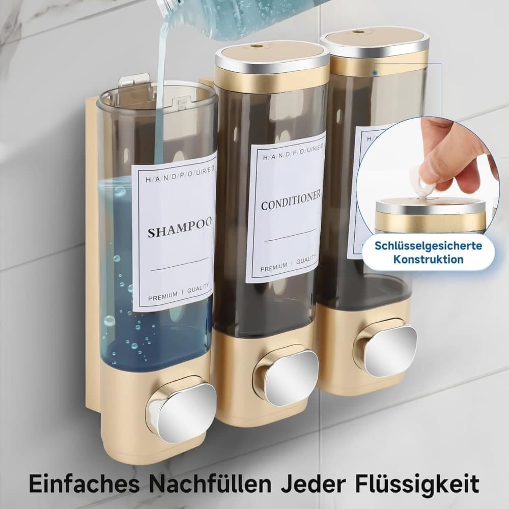 3-Pack Wall Mounted Soap Dispenser for Shampoo & Soap, 300ml x3, Gold