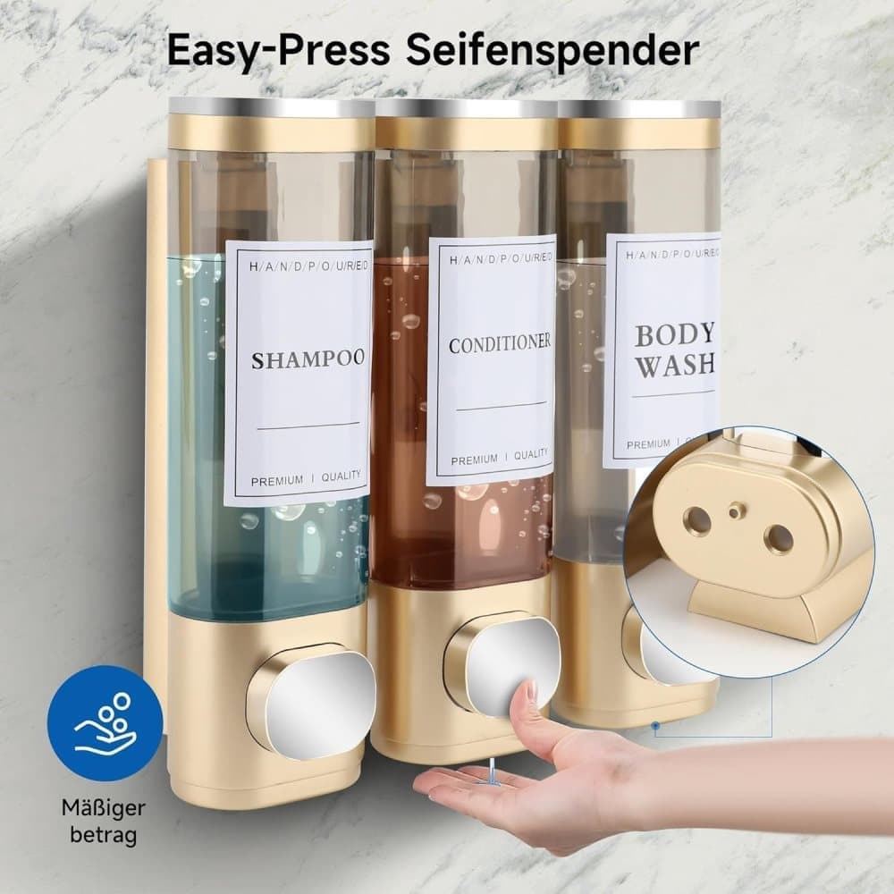 3-Pack Wall Mounted Soap Dispenser for Shampoo & Soap, 300ml x3, Gold