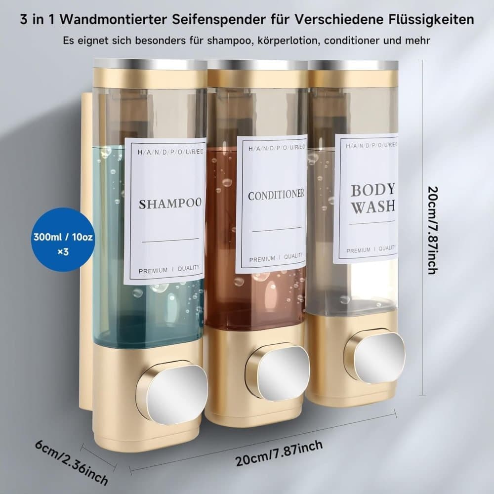 3-Pack Wall Mounted Soap Dispenser for Shampoo & Soap, 300ml x3, Gold
