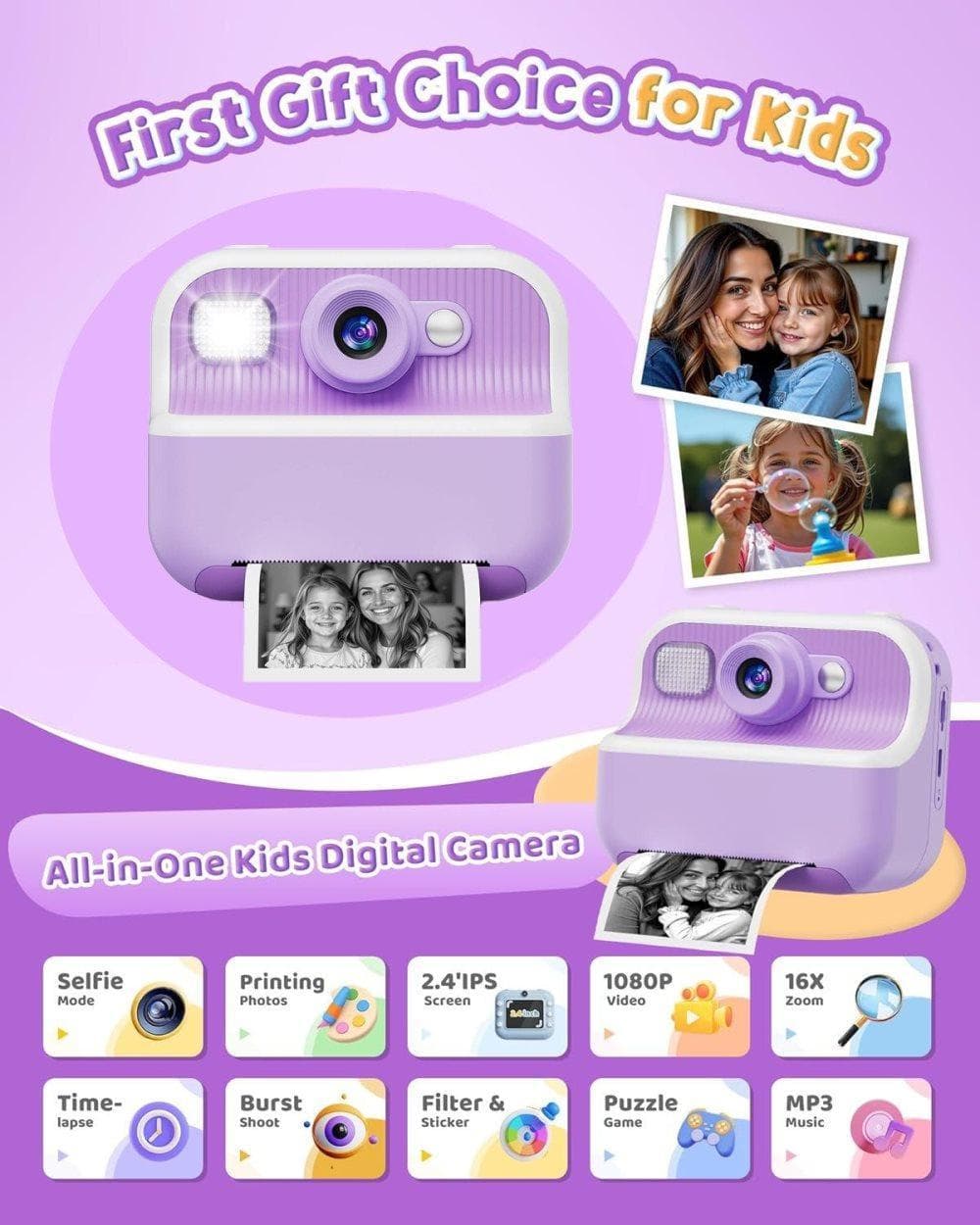 32GB Kids Digital Camera with 1080P HD and Instant Printing, 2.4-Inch Screen, Includes Paper, for Ages 3-12, Purple