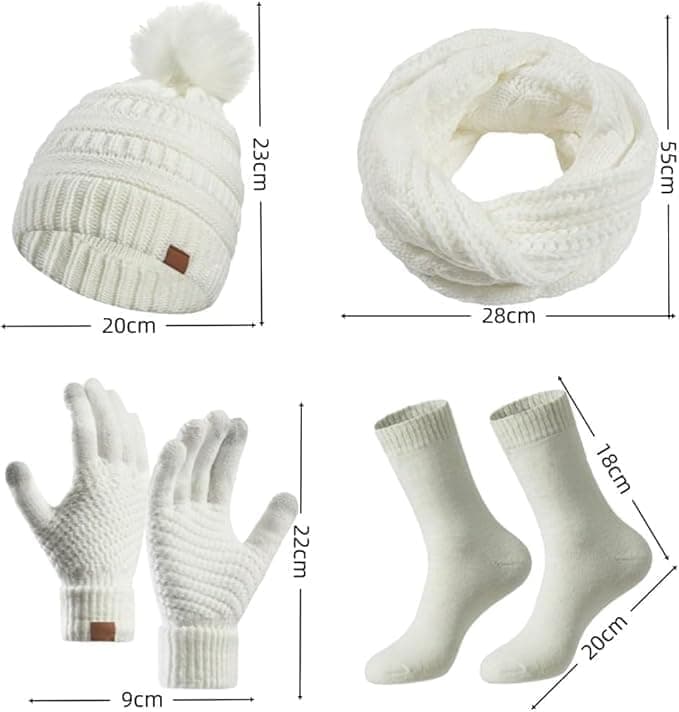 4-Piece Knitted Hat Scarf Gloves Socks Set for Women, White, with Pompom and Touch Gloves