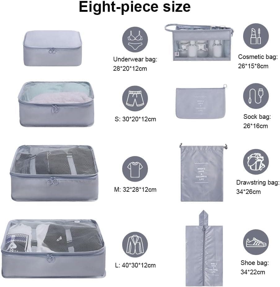 8-Piece Lightweight Water Resistant Travel Organizer for Bags, Gray
