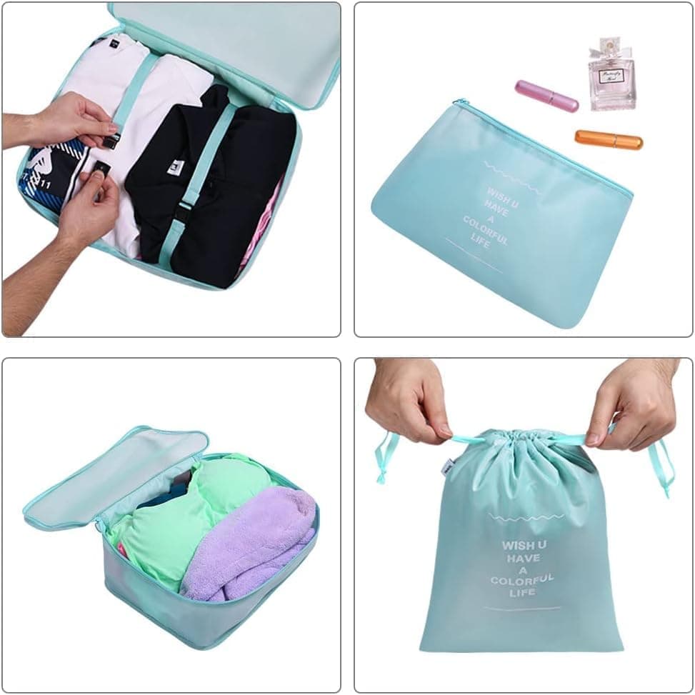 8-Piece Lightweight Water Resistant Travel Organizer for Bags, Light Blue