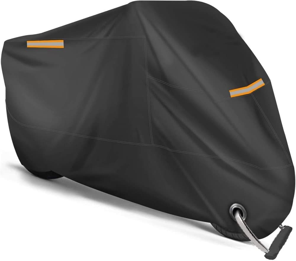 Waterproof Motorcycle Cover with Reflective Strips and Lock Holes, Black, with Storage Bag