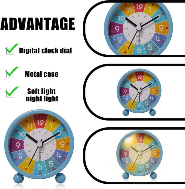Silent Alarm Clock with Night Light for Children, Round, 8cm, Blue