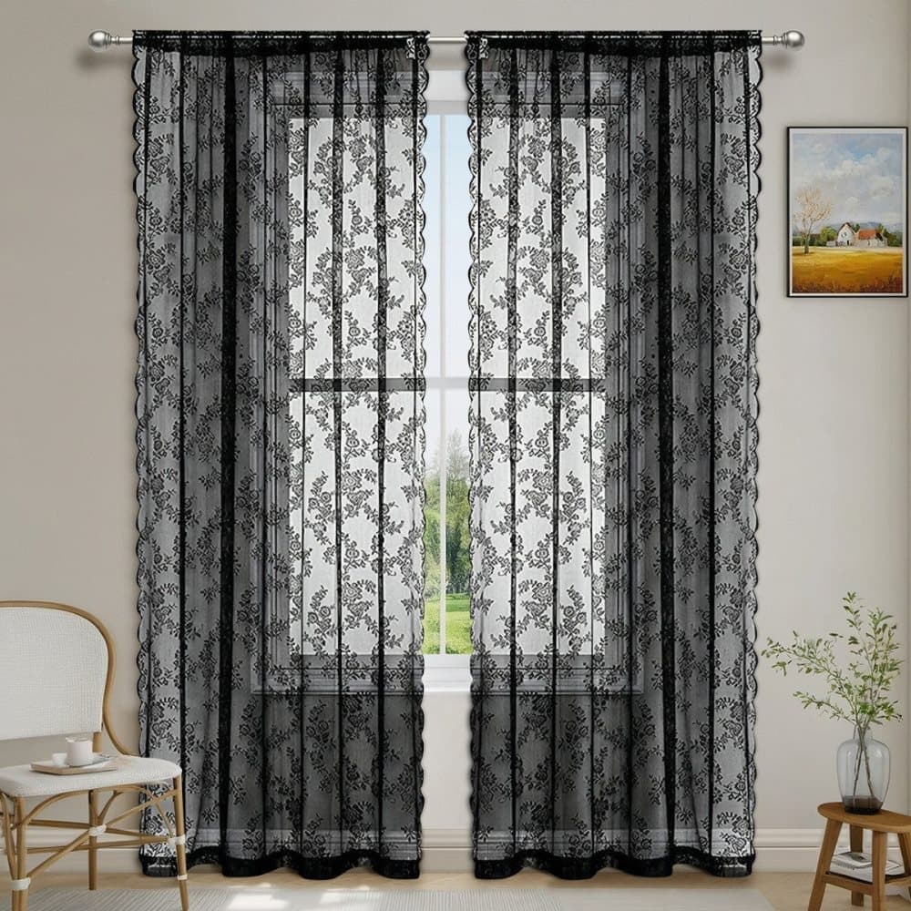 1 Pair Black Lace Curtain Semi-sheer Vintage Floral Pattern for Bedroom and Living Room, 100cm x 100cm