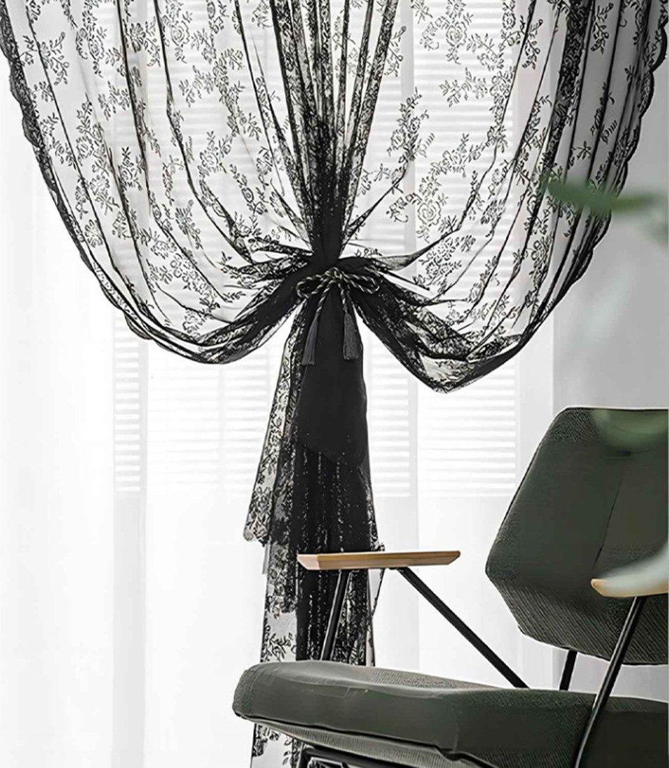 1 Pair Black Lace Curtain Semi-sheer Vintage Floral Pattern for Bedroom and Living Room, 100cm x 100cm