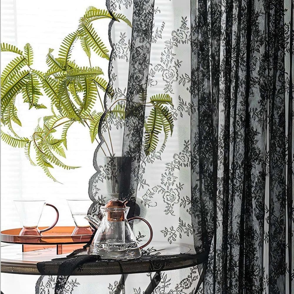 1 Pair Black Lace Curtain Semi-sheer Vintage Floral Pattern for Bedroom and Living Room, 100cm x 100cm