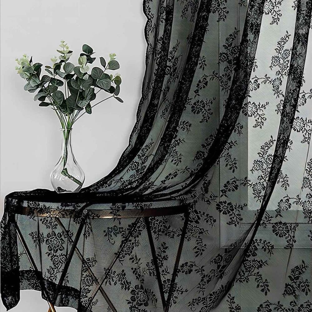 1 Pair Black Lace Curtain Semi-sheer Vintage Floral Pattern for Bedroom and Living Room, 100cm x 100cm