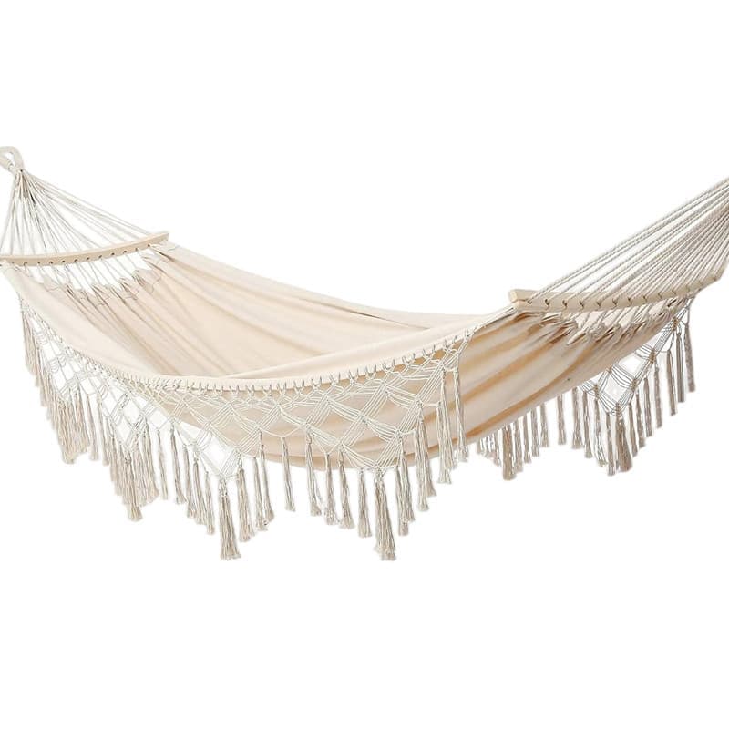 2-Person Bohemian Hammock with Fringes, 500 lbs Capacity, Cotton, Portable for Garden Patio Camping, Moon-Shaped Poles