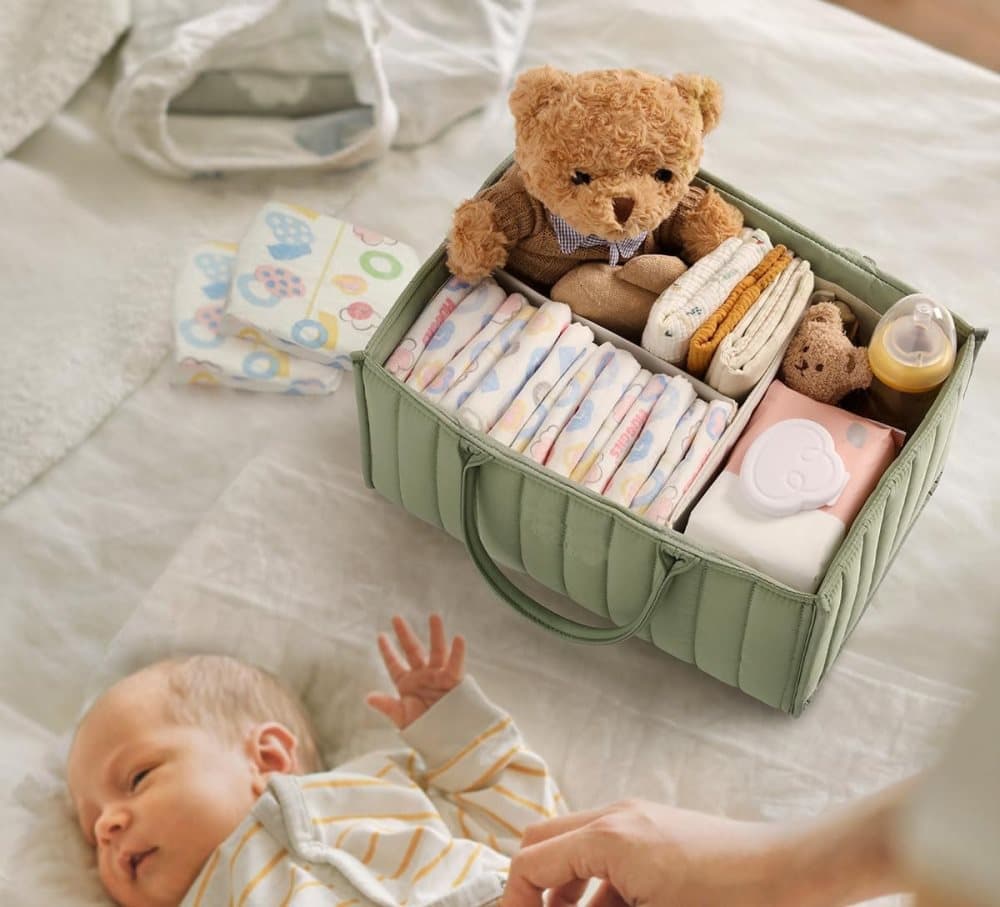 Breathable Water Resistant Baby Diaper Storage Basket Large Capacity Multifunctional for Home and Travel, Green