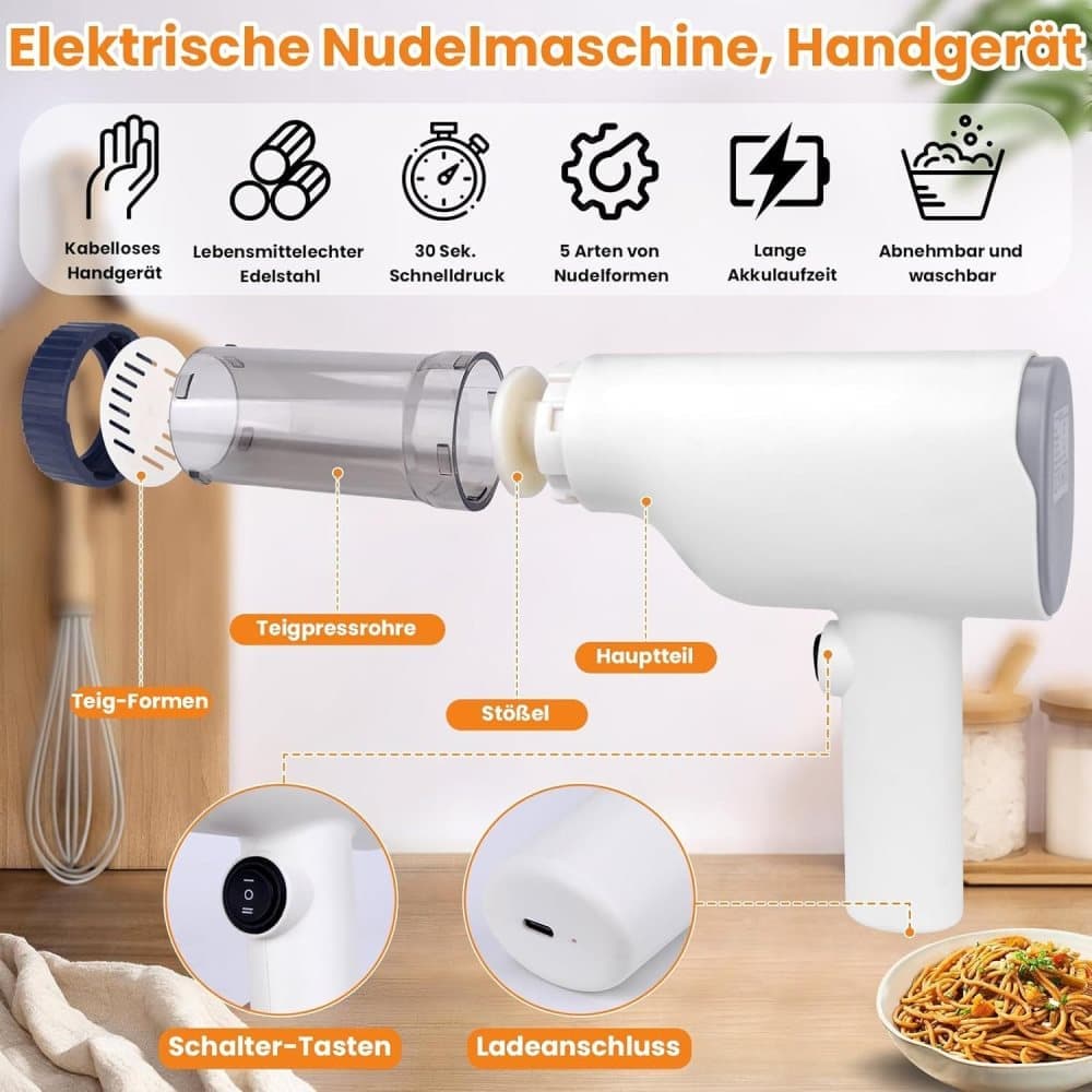 6-in-1 Automatic Electric Pasta Maker Machine, Handheld with Ergonomic Design, Easy to Clean
