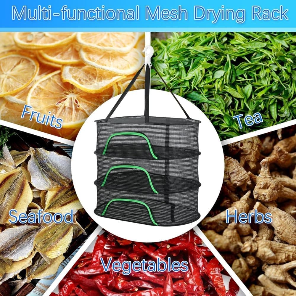 3 Layer Hanging Drying Net with Zipper, Foldable Garden Drying Net for Plants Seeds and Fish, 40x60cm