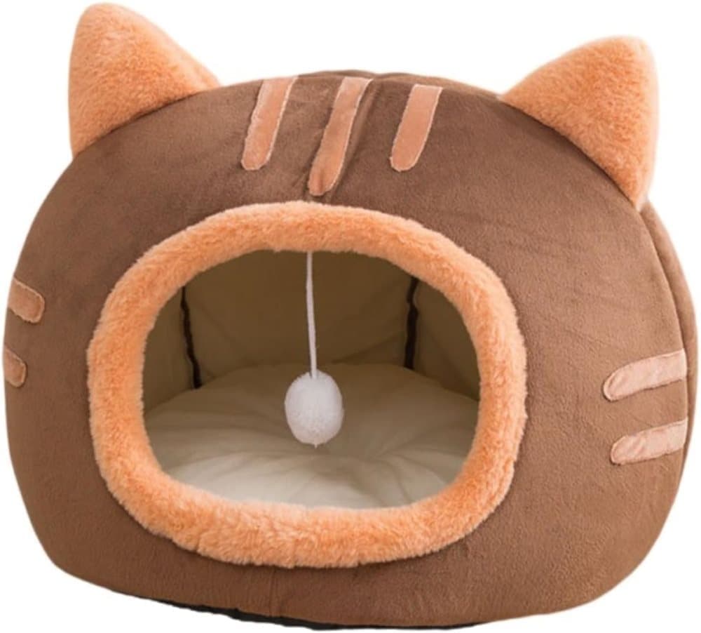 Fluffy Dog Bed Cat Bed Winter Pet House Anti-Slip, Brown Gray Pink, S