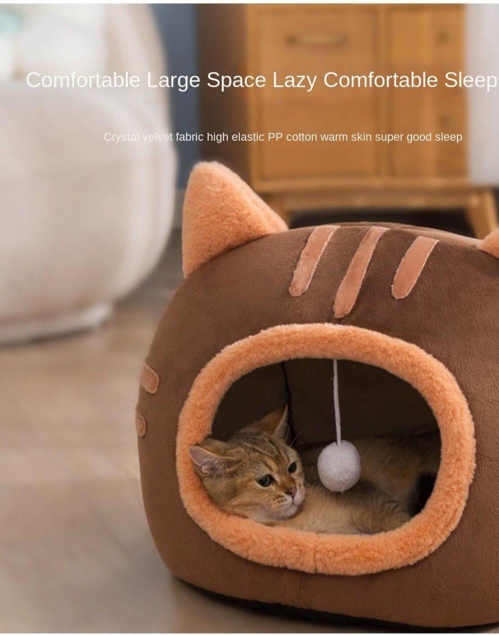 Fluffy Dog Bed Cat Bed Winter Pet House Anti-Slip, Brown Gray Pink, S