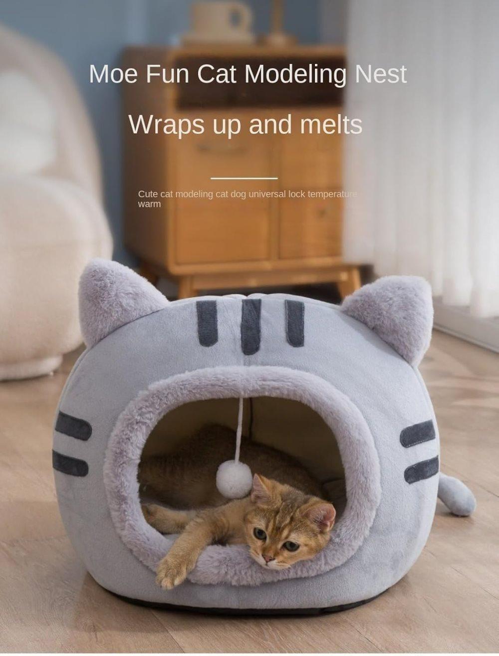 Fluffy Dog Bed Cat Bed Winter Pet House Anti-Slip, Brown Gray Pink, S