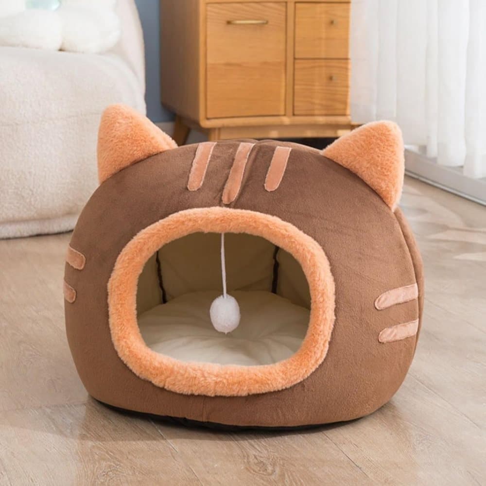 Fluffy Dog Bed Cat Bed Winter Pet House Anti-Slip, Brown Gray Pink, S