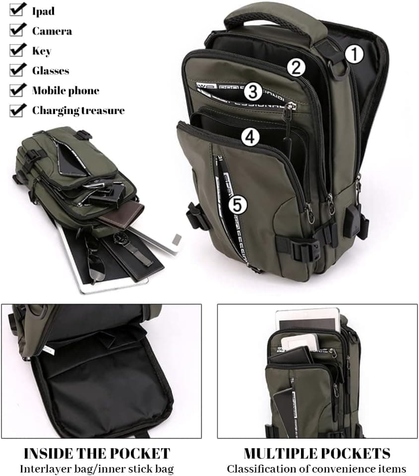 Men's Water Resistant Shoulder Bag with USB Charging Port, Cross Body Bag for Men and Women, Green